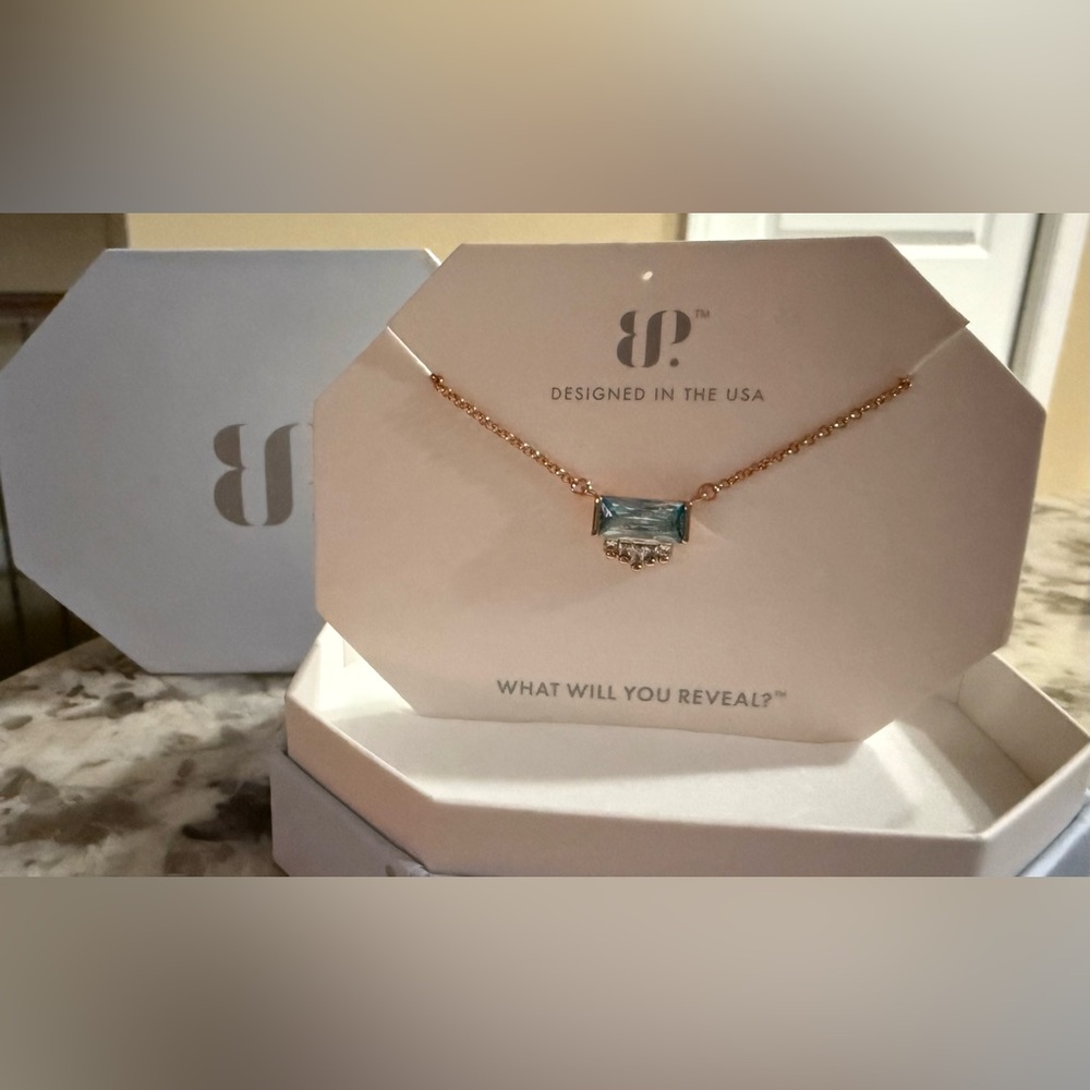 BP Bomb Party Necklace RBP5543 New Beginnings Aquamarine Rose Gold NIB